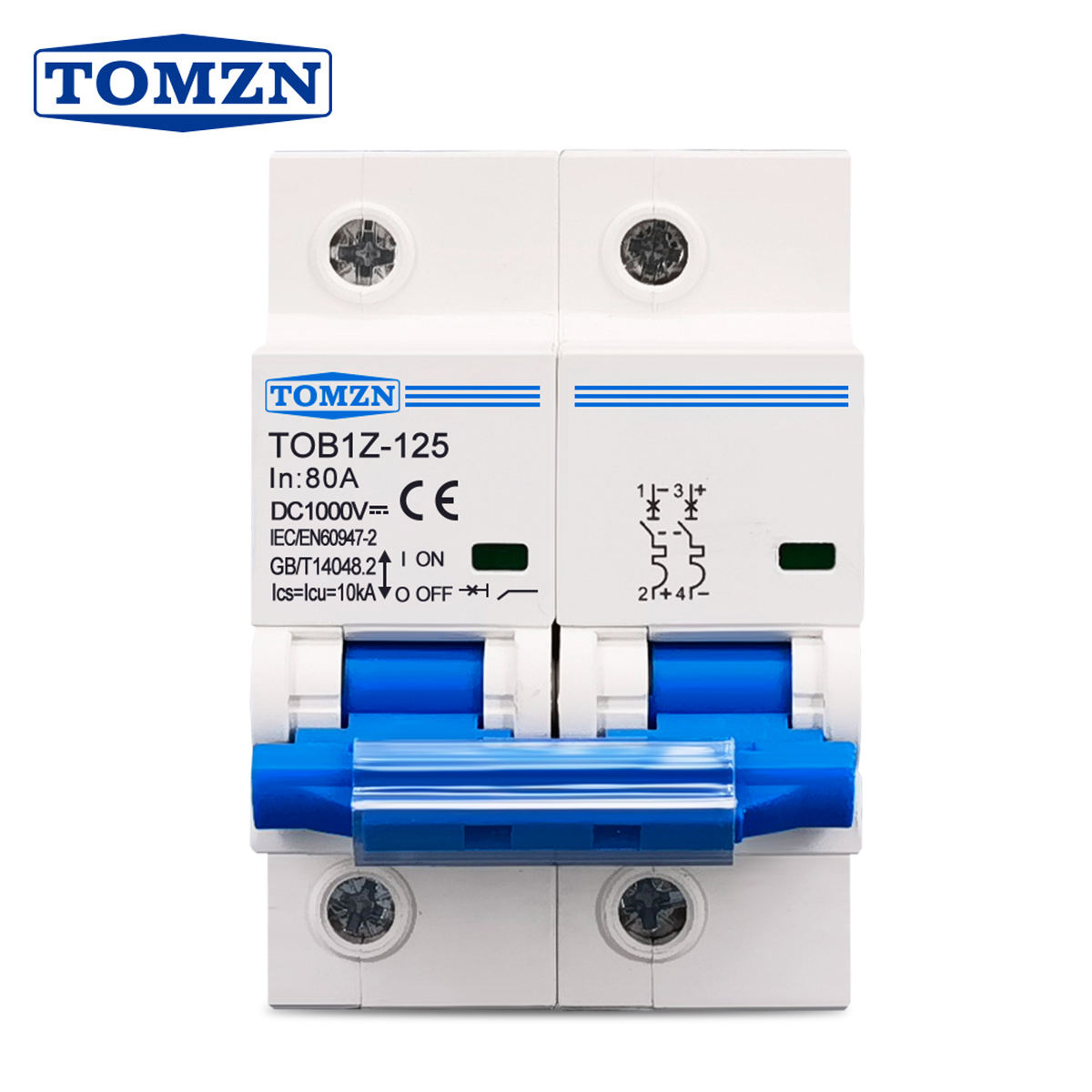 TOMZN TOB1Z-125 2P DC MCB 1000V Miniature Circuit Breaker 80A, 100A, 125A for PV & Battery Systems