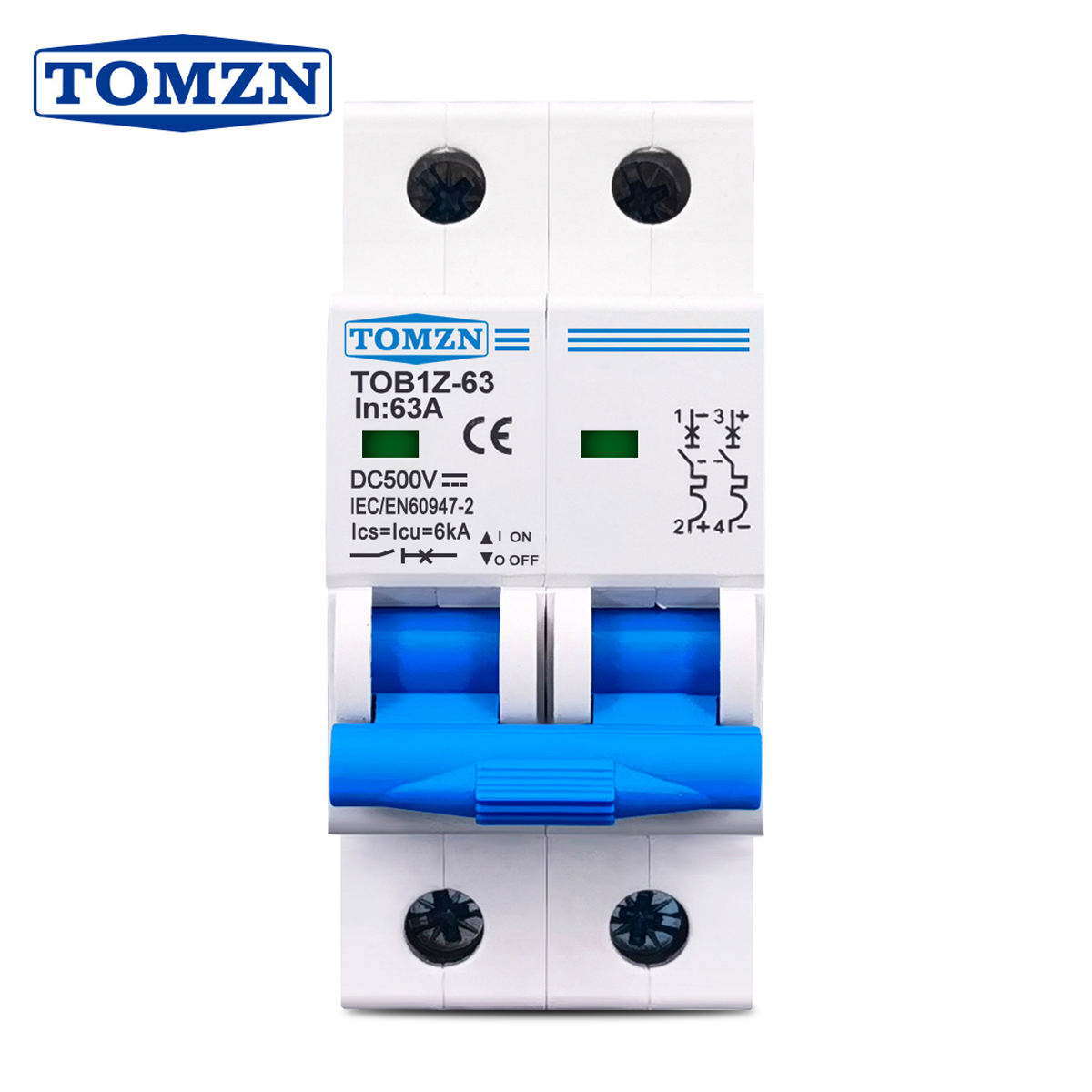 TOMZN TOB1Z-63 2P DC MCB 500V Miniature Circuit Breaker 3A-63A Overload & Short Circuit Protection